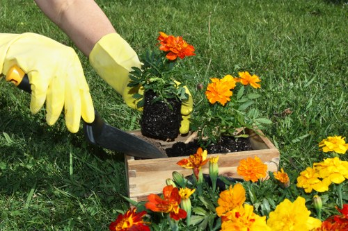 Workers handling large garden waste bags near a semi-detached home